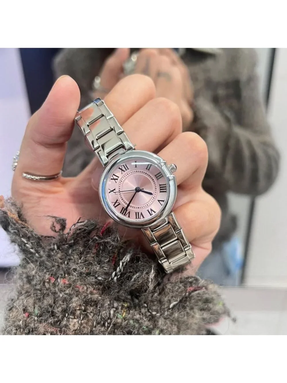Women's Silver-Pink Classic Vintage Roman Numerals Dial Stainless Steel Watch